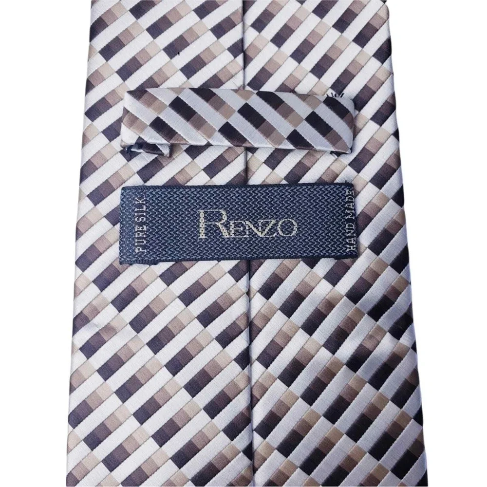 RENZO‎  Geometric Pattern Pure Silk Hand Made Tie